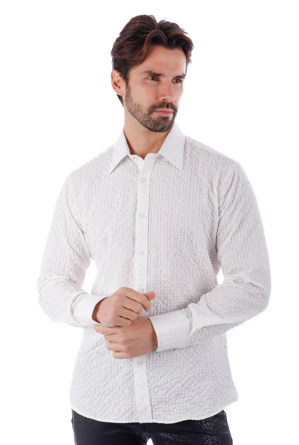 White jurox long sleeve button down shirt with textured subtle vertical ribbing in lightweight fabric