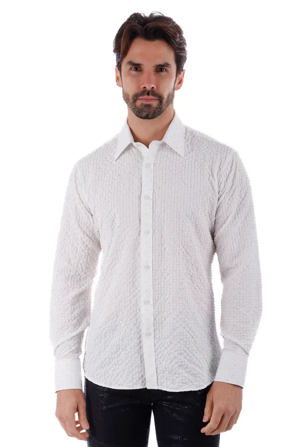 White textured long-sleeve button-down shirt with subtle pattern by Jurox ideal for casual and formal wear