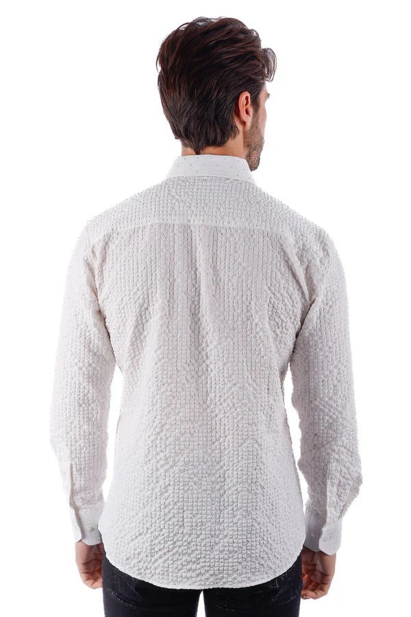 White jurox long-sleeve button-up shirt with subtle woven pattern and textured fabric for formal wear
