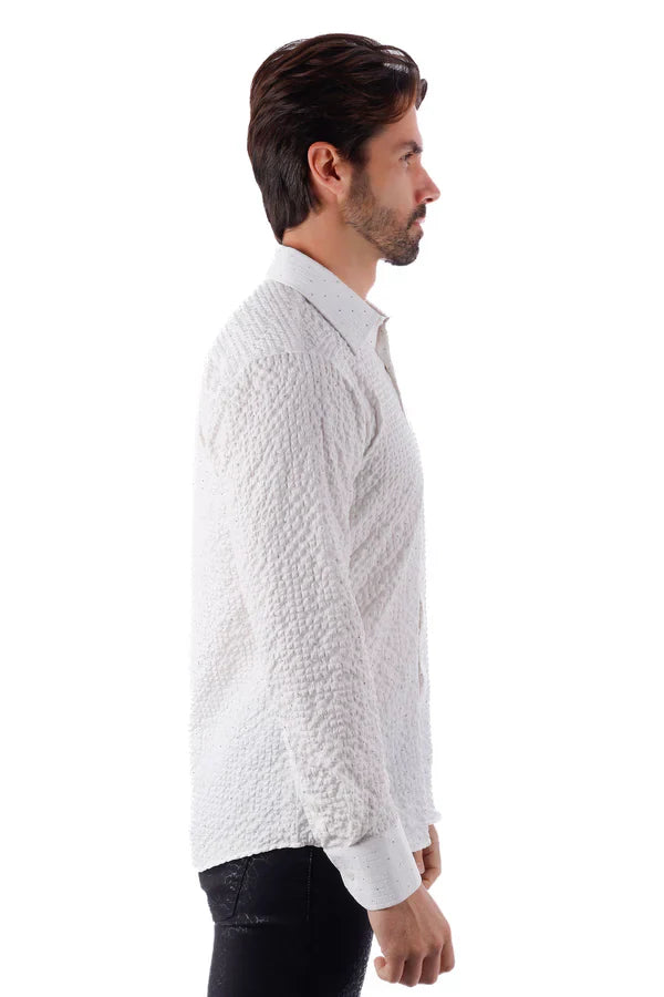 White textured long sleeve button up shirt with subtle woven pattern by Jurox ideal for formal wear
