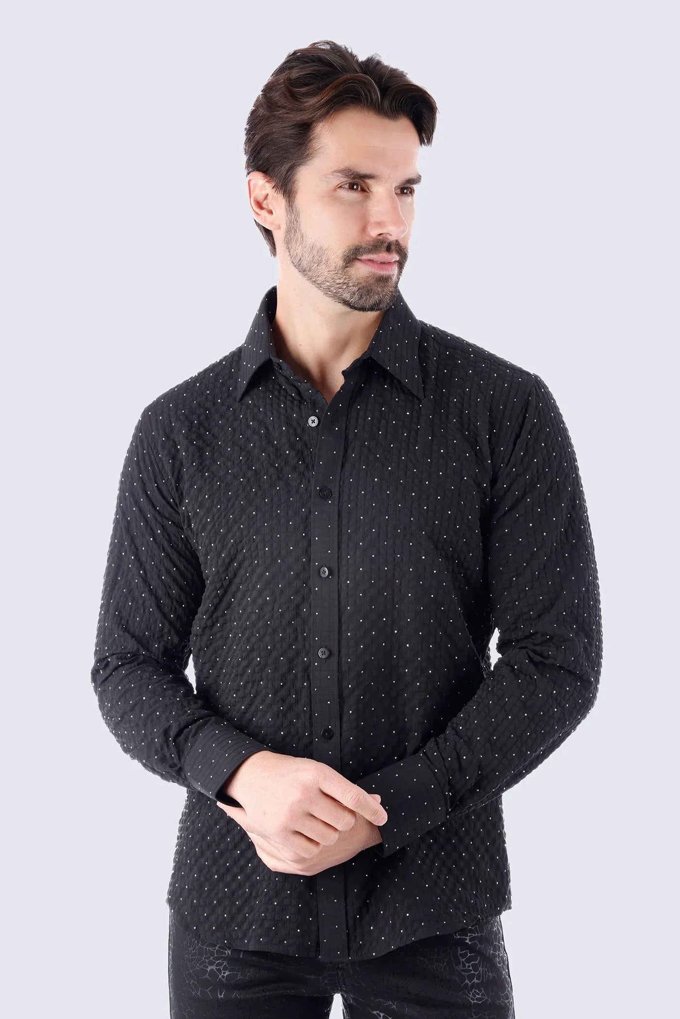 Black jurox long-sleeved button-up shirt with subtle white polka dots suitable for casual or formal wear