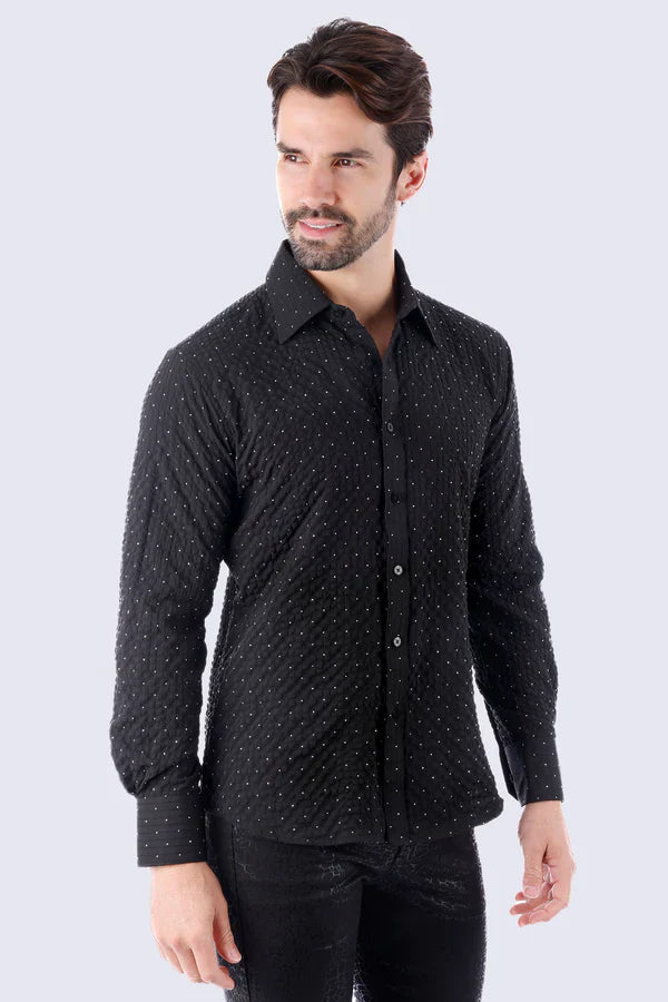 Black jurox long-sleeved button-up shirt with subtle tiny white dot pattern on fabric for stylish wear