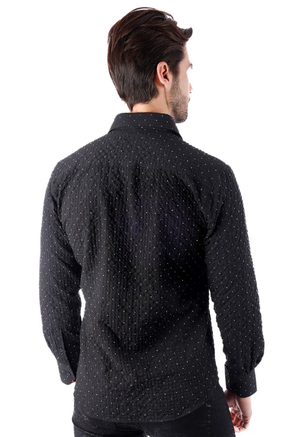 Black jurox long-sleeved button-up shirt with subtle textured weave and small white polka dots