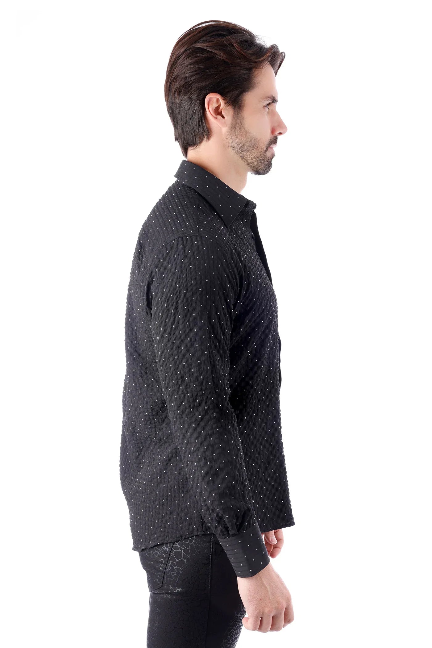 Black jurox l s shirt with subtle white polka dots and quilted textured fabric for stylish long sleeve wear