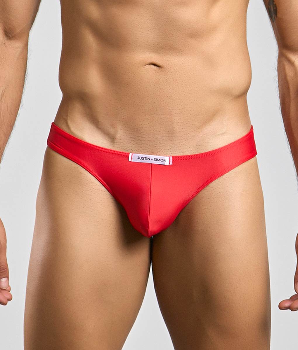 Red justin simon classic mens bikini briefs with smooth form-fitting fabric and white waistband label
