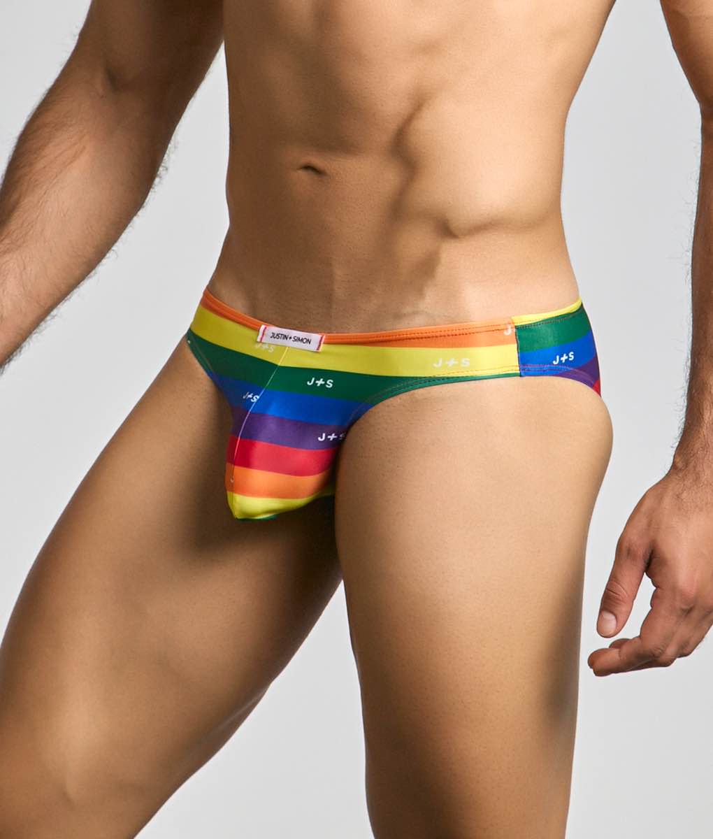 Rainbow-striped justin and simon classic mens bikini briefs with j plus s branding and snug form-fitting design