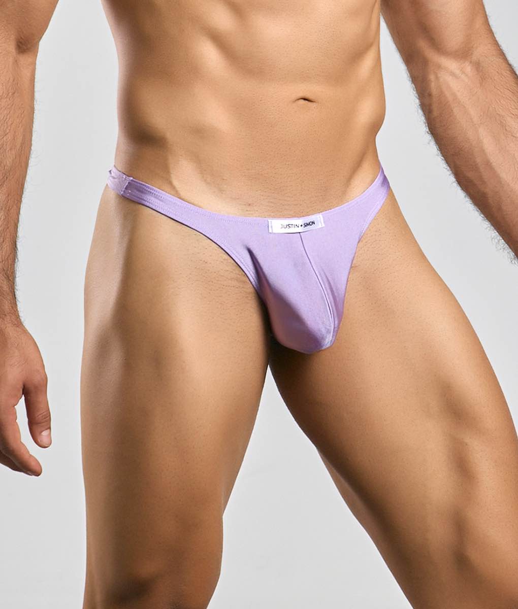 Justin + Simon classic tanga lavender thong in smooth fabric with a form-fitting design and small white label on the waistband