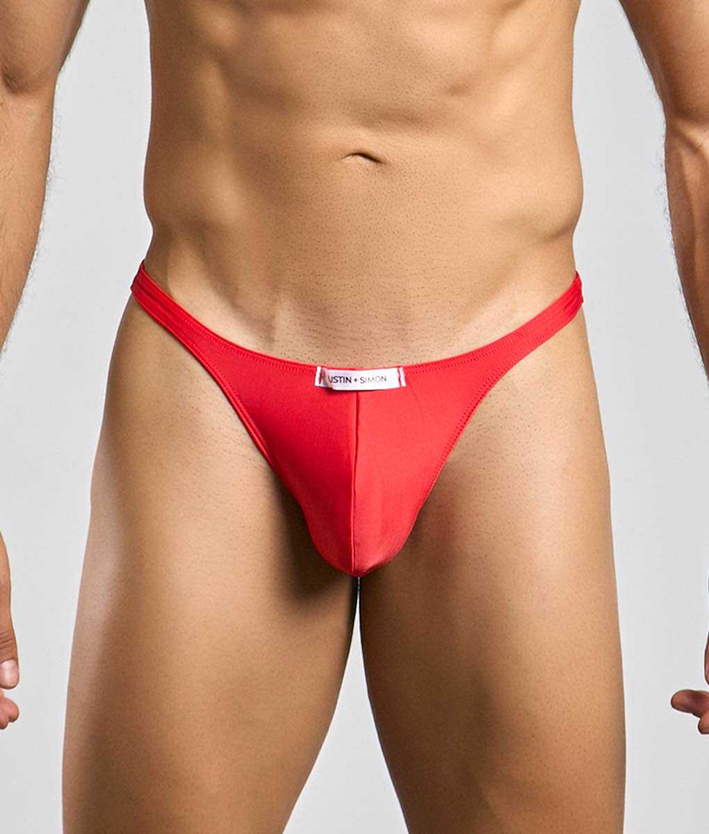 Red thong back view with white label waistband classic tanga by justin and simon