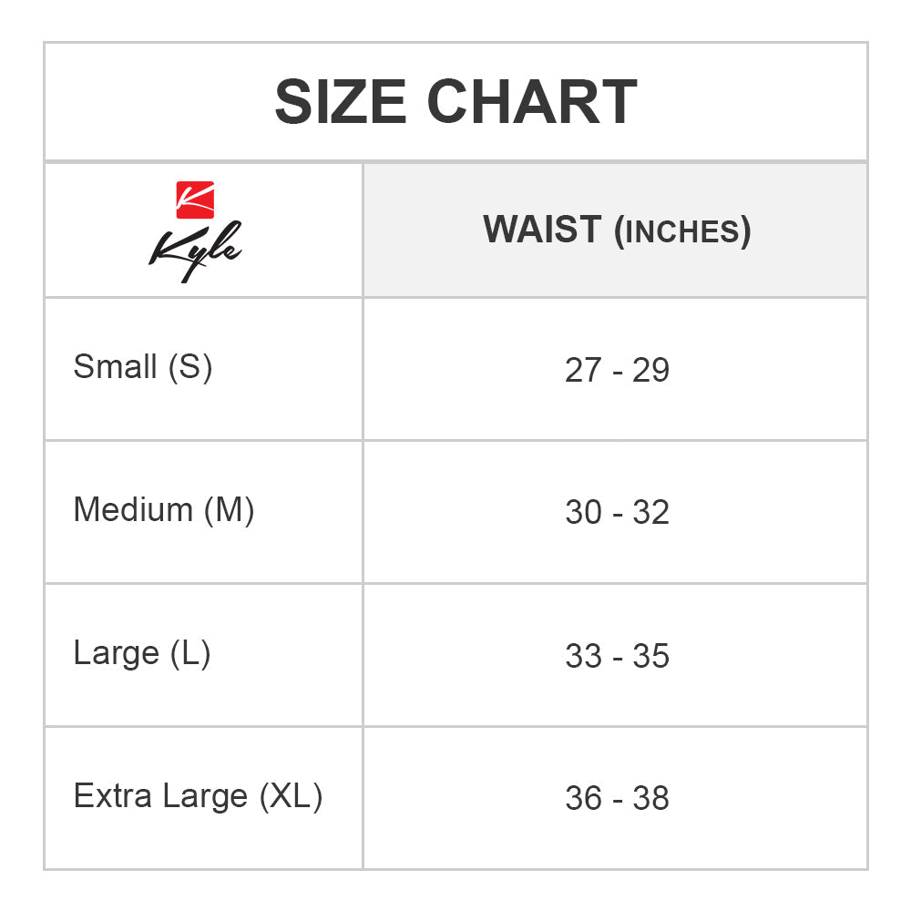Kyle KLK023 thong size chart displaying waist measurements for accurate fit and comfortable wear