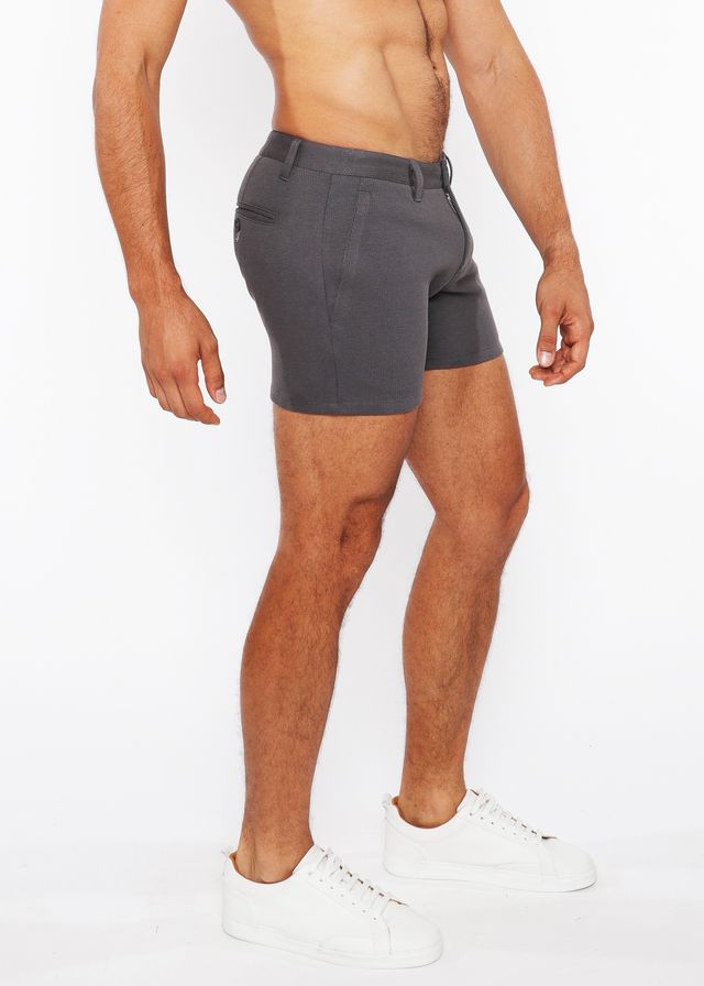 Dark gray linen-look textured tailored shorts with sleek modern design and zipper pockets for stylish comfort