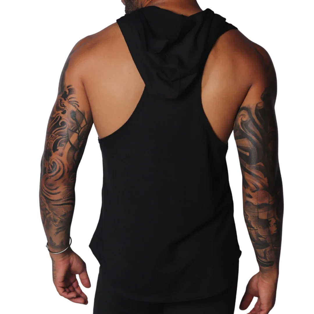 Black sleeveless hoodie t-shirt with a racerback cut, made from soft, plain jersey fabric.