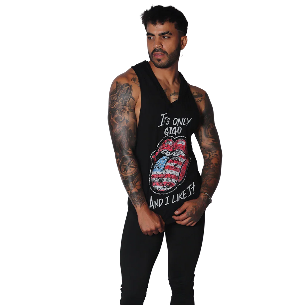 Black sleeveless hooded tank with American flag-patterned lips graphic and "It's only Gigo and I like it" text.