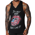 Black sleeveless hooded tank top with white text and a distressed American flag lips graphic on the front.