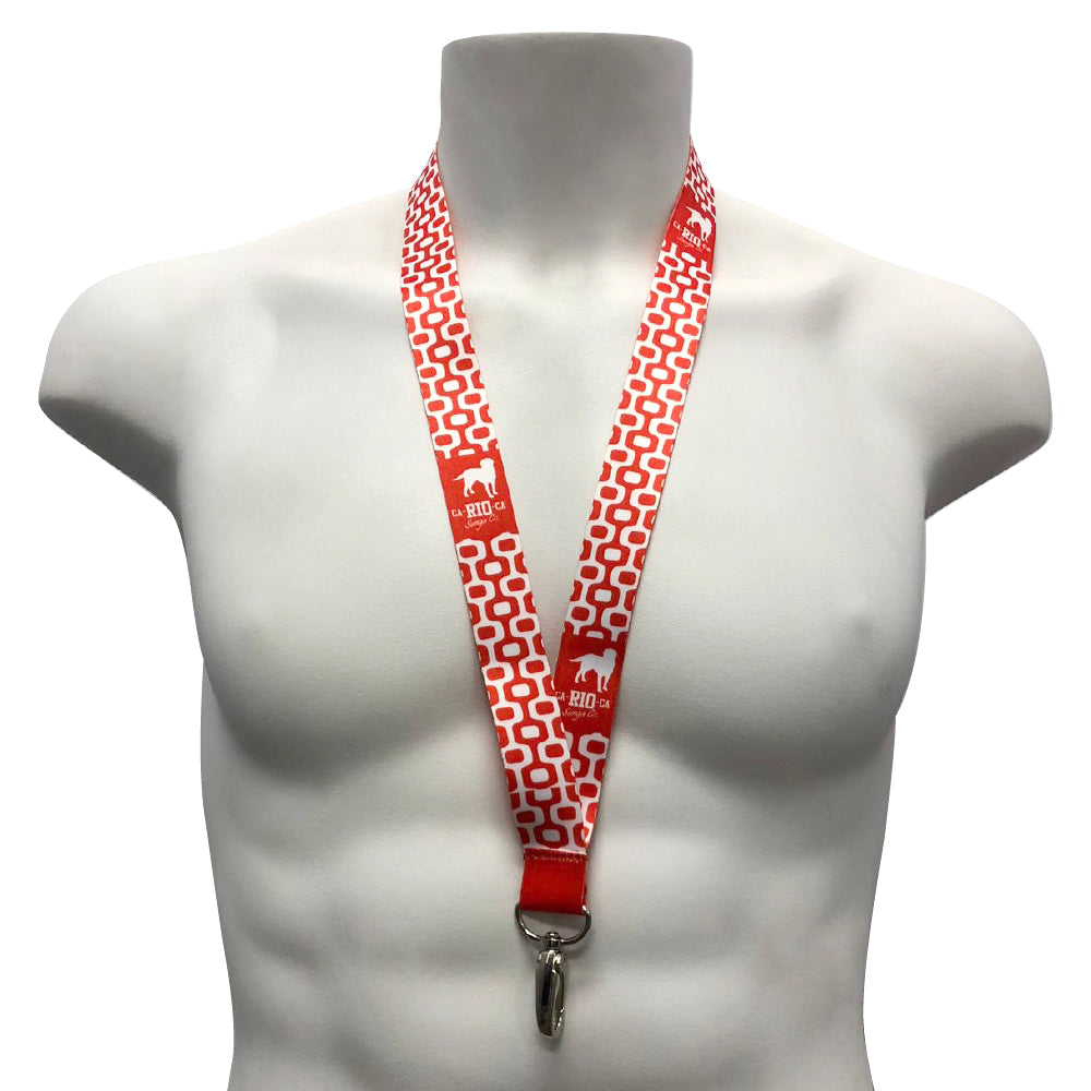 Red and white patterned logotipo lanyard with a silver metal clip for key holder in black blue red and white colors