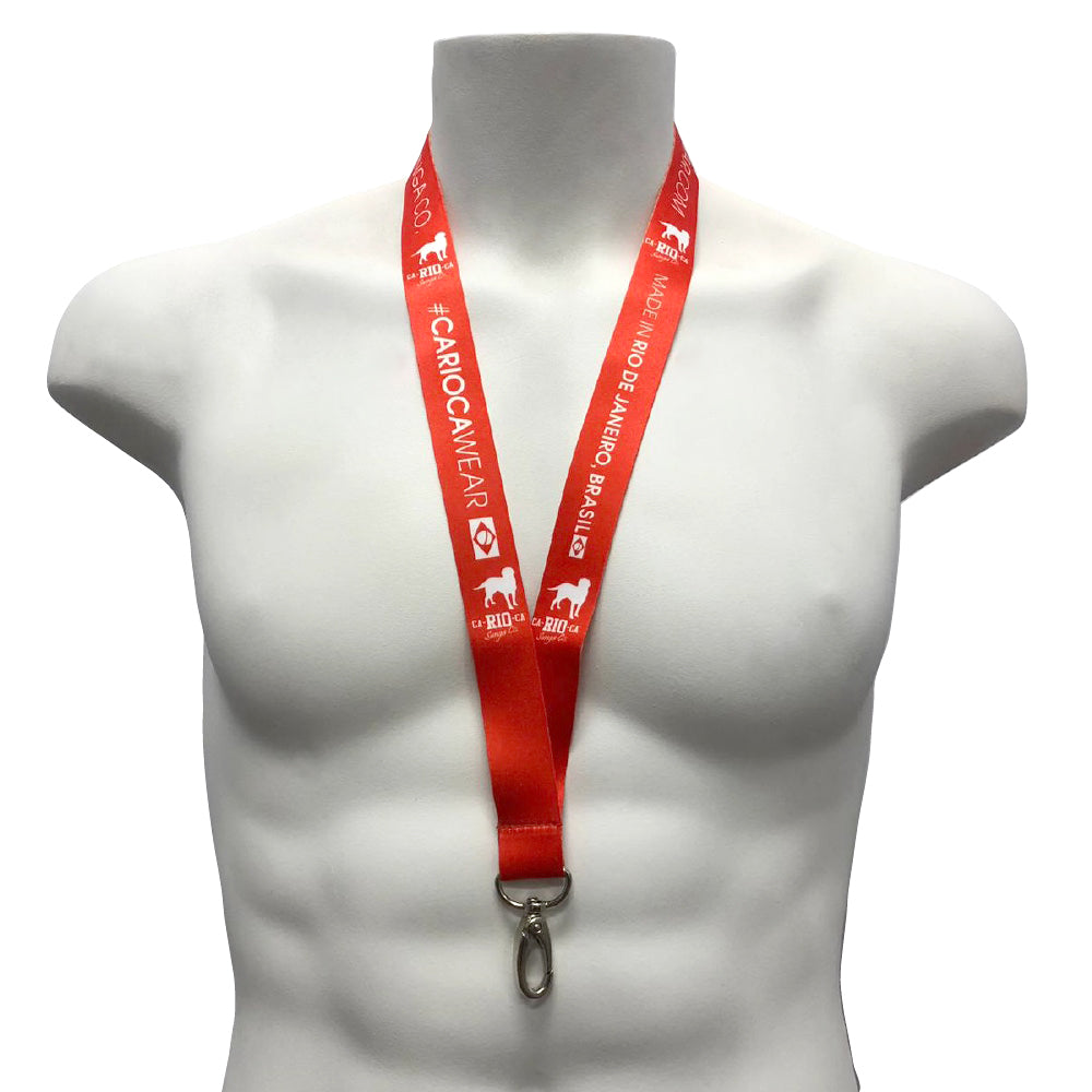 Red logotipo lanyard with white text and silver metal clasp for key holder in black blue red and white colors