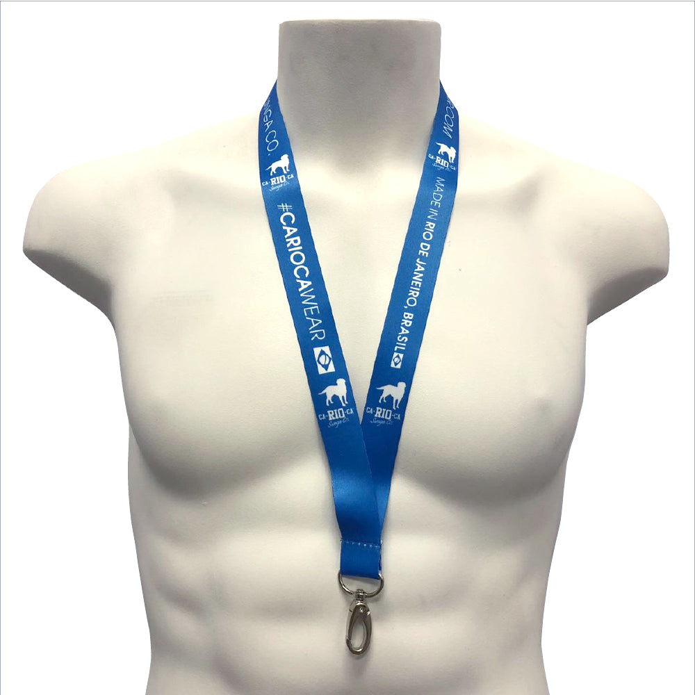 Blue logotipo lanyard with white text logos and metal clasp key holder for black blue red and white colors