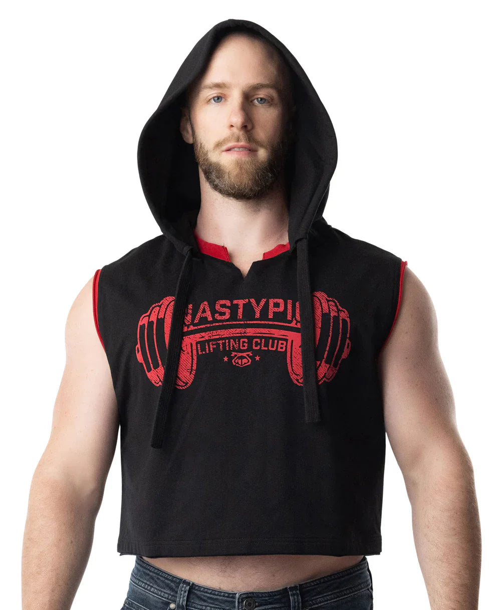 Black sleeveless hoodie with red trim and bold lifting club graphic printed across the chest for gym wear