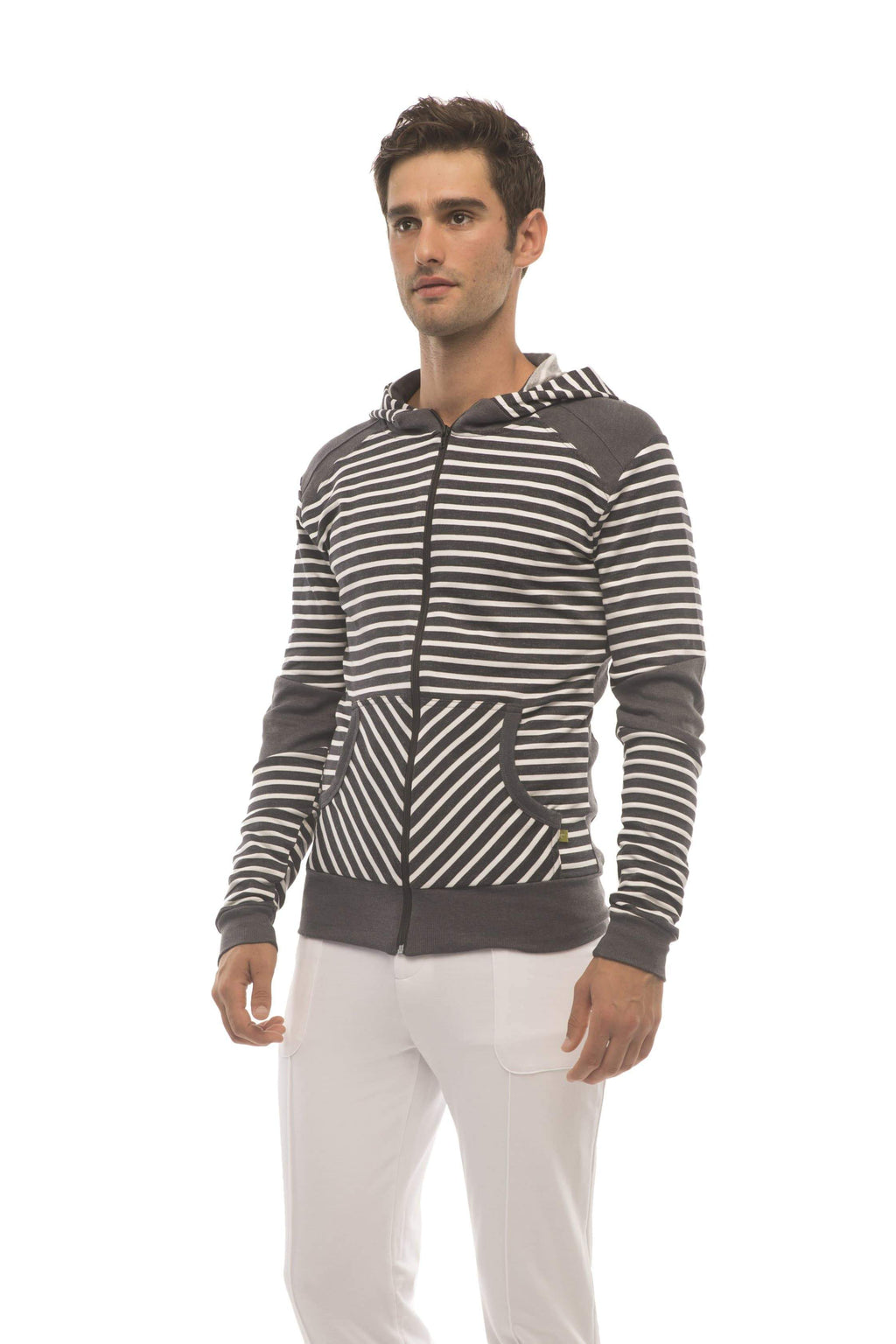 Limited edition men’s form-fit crossover yoga track fleece hoodie in charcoal with black white stripes and gray panels
