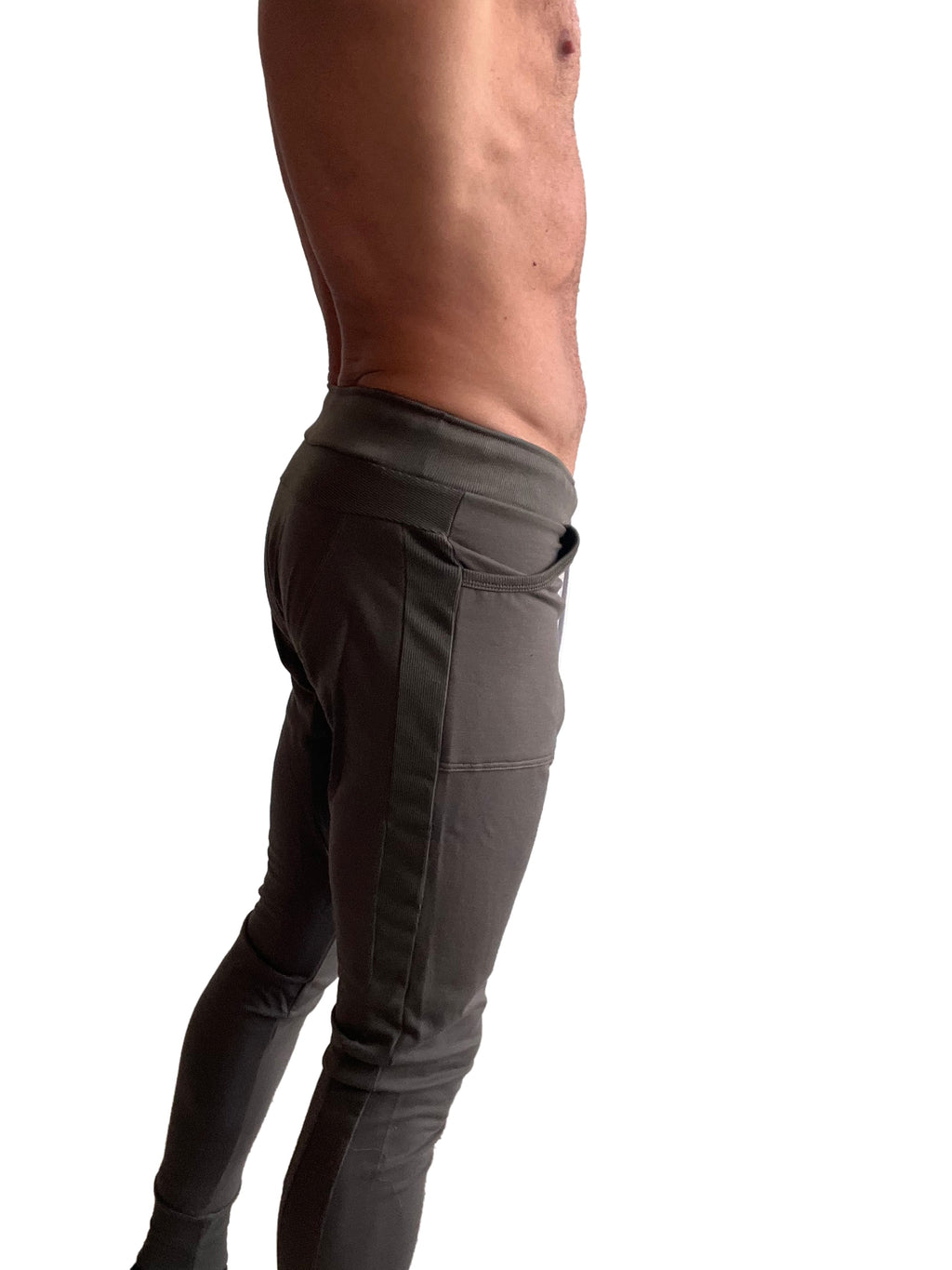 Dark gray slim fit long cuffed jogger and yoga sweat pants with side pockets designed for athletic wear