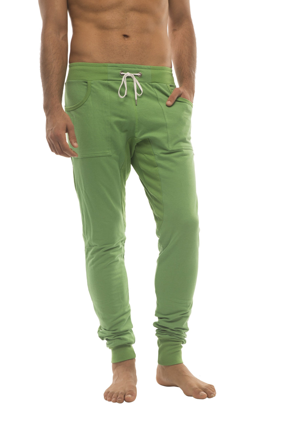 Long cuffed jogger and yoga sweat pants in bamboo green with white drawstring waistband and elastic cuffs