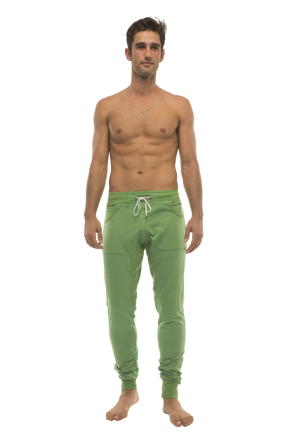 Long cuffed jogger and yoga sweat pants in bamboo green with white drawstring waistband and side pockets