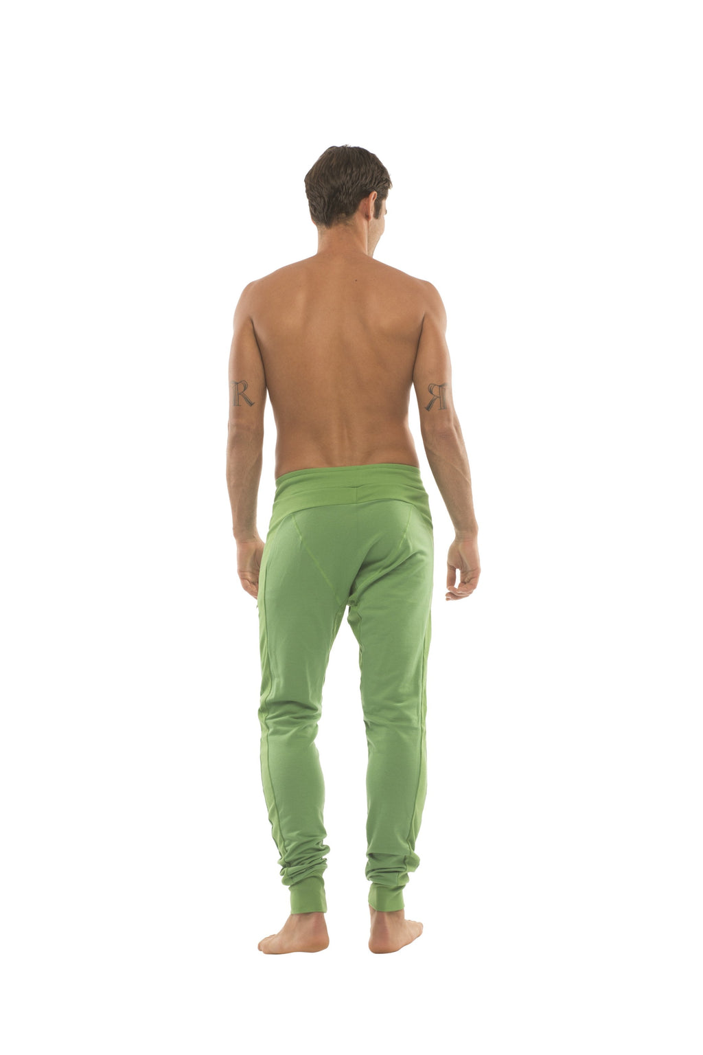 Long cuffed jogger and yoga sweat pants in bamboo green with snug fit and cuffed ankles for athletic use