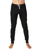 Black long cuffed jogger and yoga sweat pants with white drawstring waistband and elastic cuffs for comfort