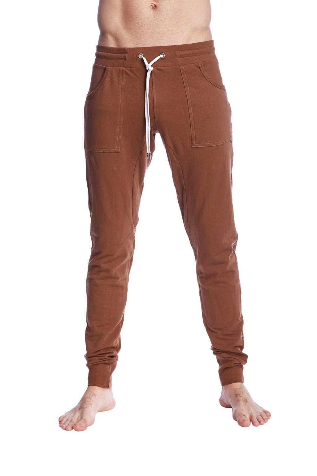 Long cuffed jogger and yoga sweat pants in chocolate brown with drawstring waist and two front pockets