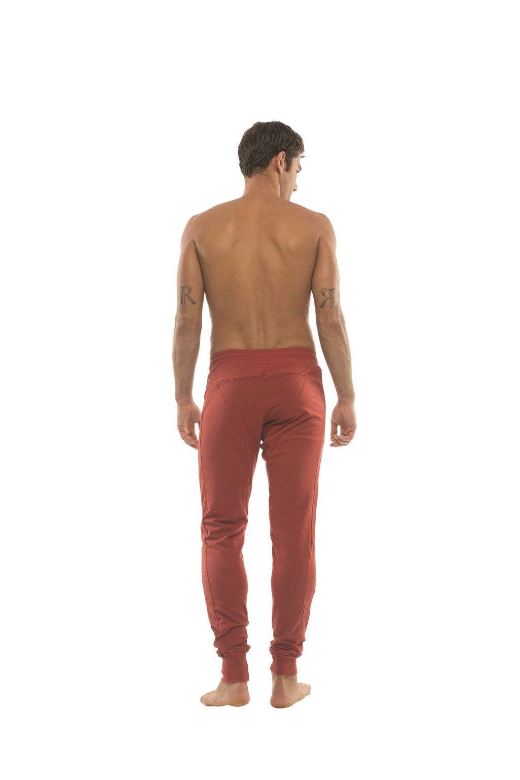 Long cuffed jogger and yoga sweat pants in cinnabar with a high waistband and tapered legs