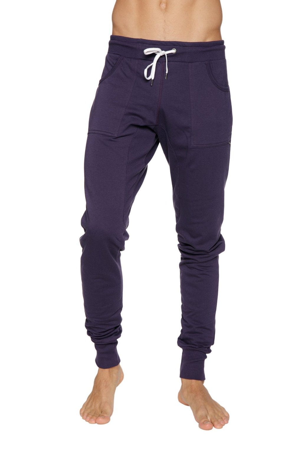 Long cuffed jogger and yoga sweat pants in navy blue with white drawstring and side pockets for casual wear