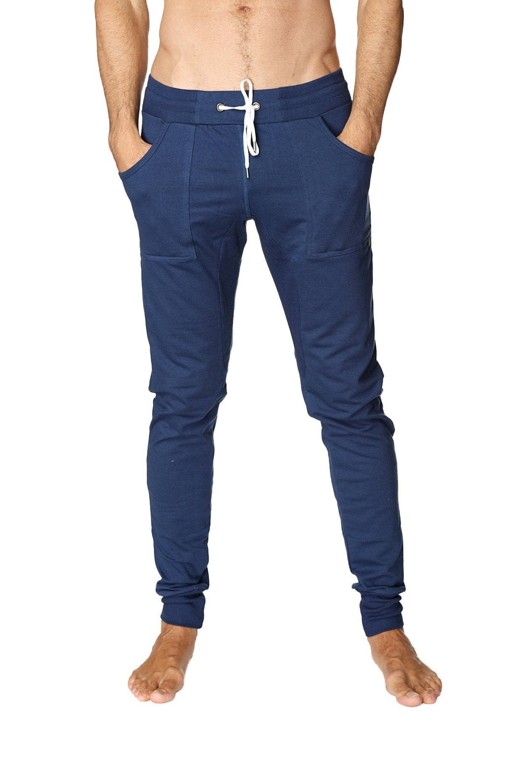 Navy blue long cuffed jogger and yoga sweat pants with white drawstring and side pockets for casual wear