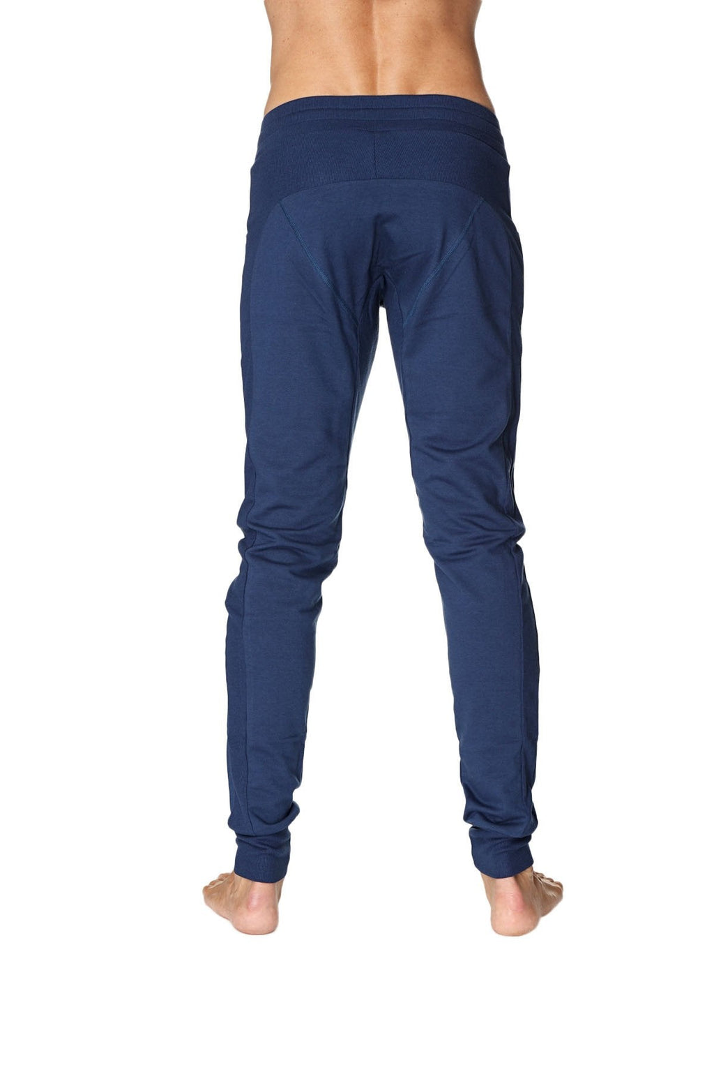 Navy blue long cuffed jogger and yoga sweat pants with elastic cuffs and a comfortable waistband