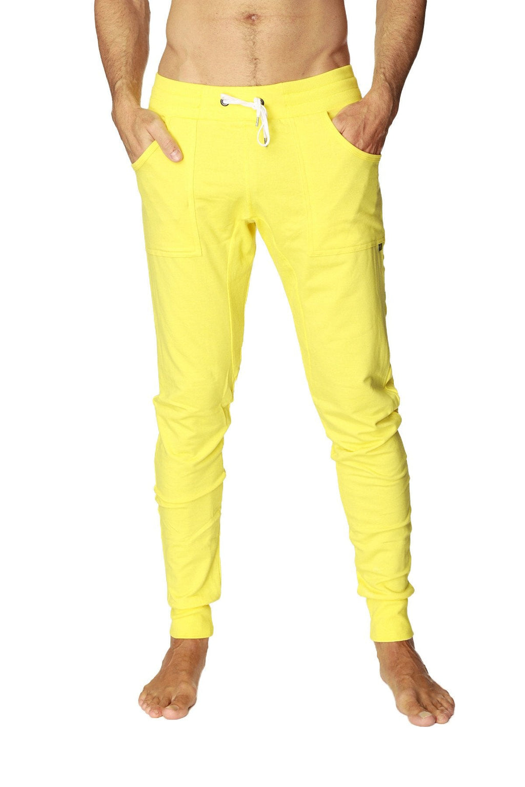 Long cuffed jogger and yoga sweat pants in tropic yellow with white drawstring waistband and side pockets