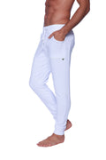 White cotton long cuffed jogger with drawstring waist and side pockets ideal for yoga and casual wear