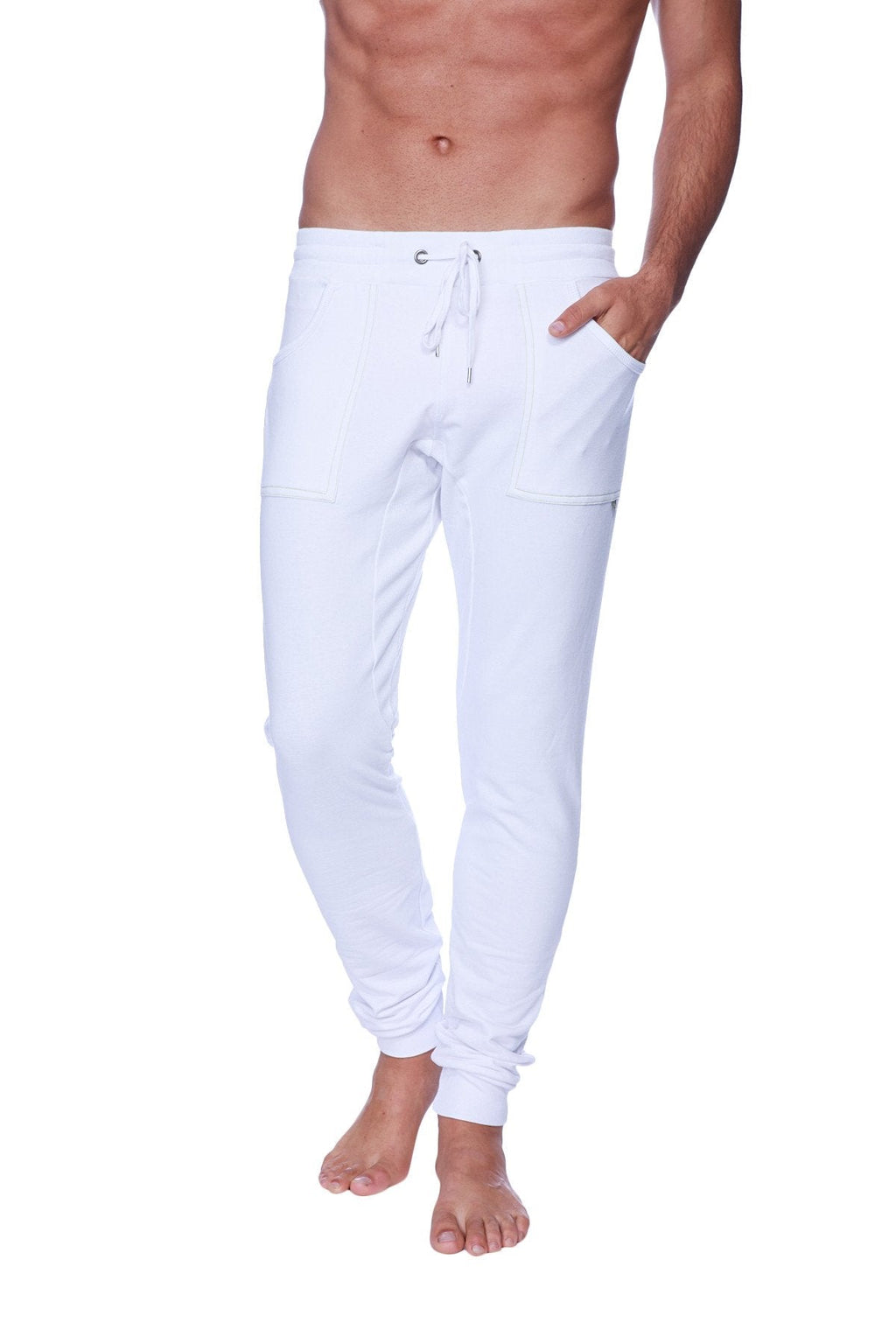 White cotton long cuffed jogger and yoga sweat pants with drawstring waist and elastic cuffs