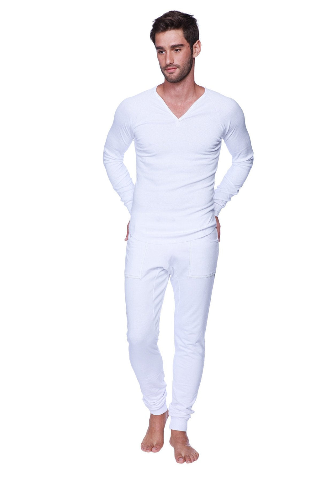 White long-sleeved v-neck thermal suit with long cuffed jogger and yoga sweat pants for comfortable loungewear
