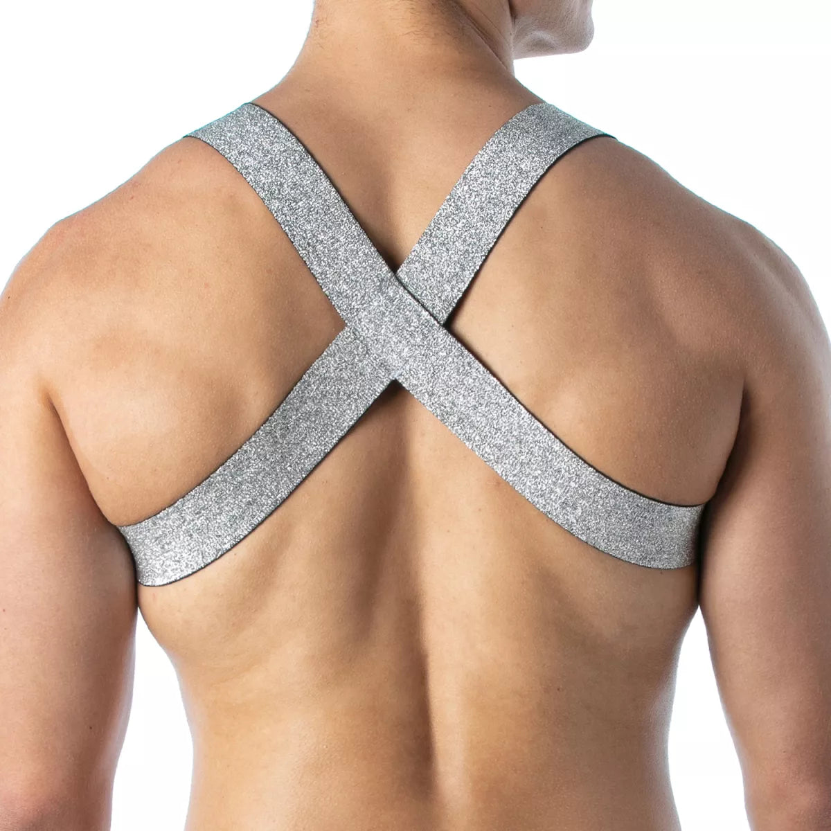 Silver glittery magic h harness with cross-back strap detail shown from the back side of the garment