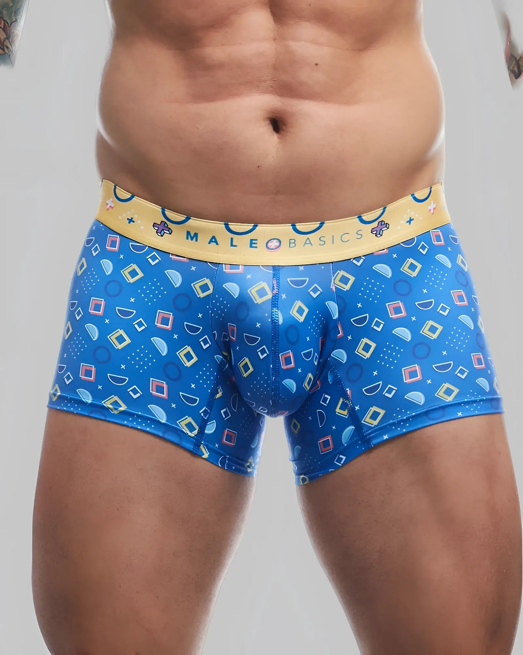 Male basics trunk hipster spectrum blue patterned men’s boxer briefs with yellow waistband for comfortable everyday wear