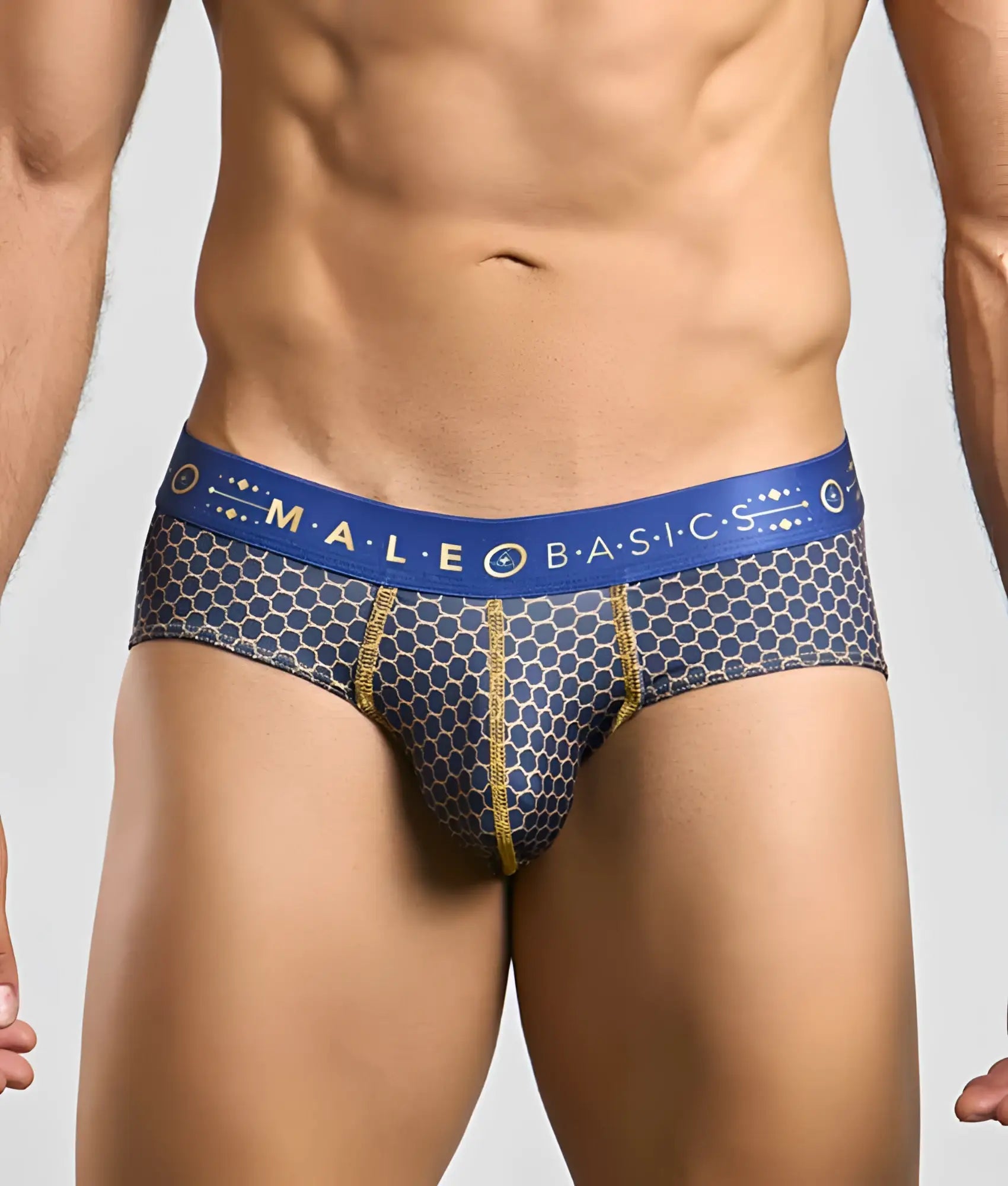 Malebasics hipster brief in blue and gold honeycomb pattern with branded elastic waistband for men