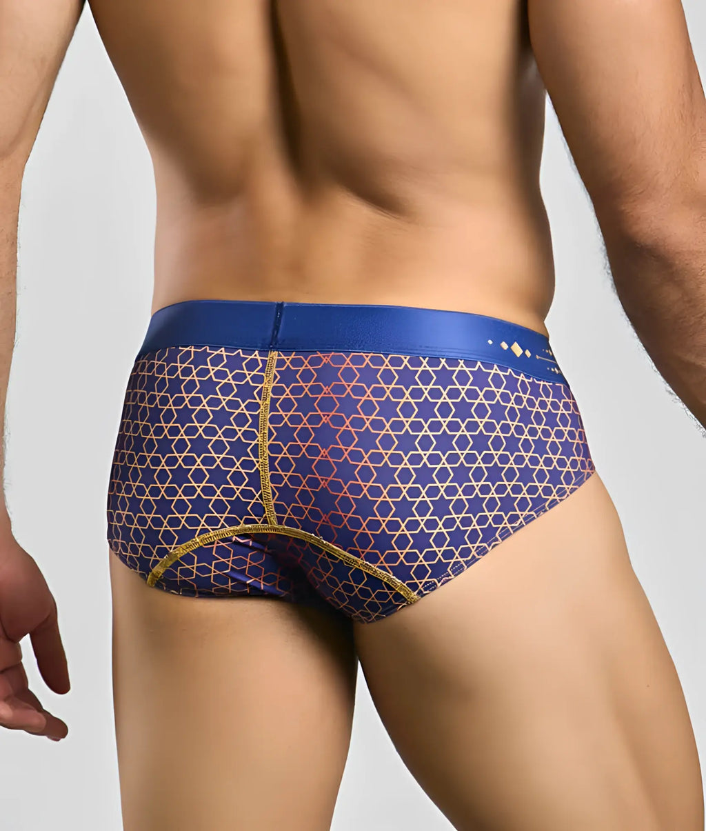 MaleBasics hipster brief in blue and gold geometric pattern with solid blue waistband for comfortable wear