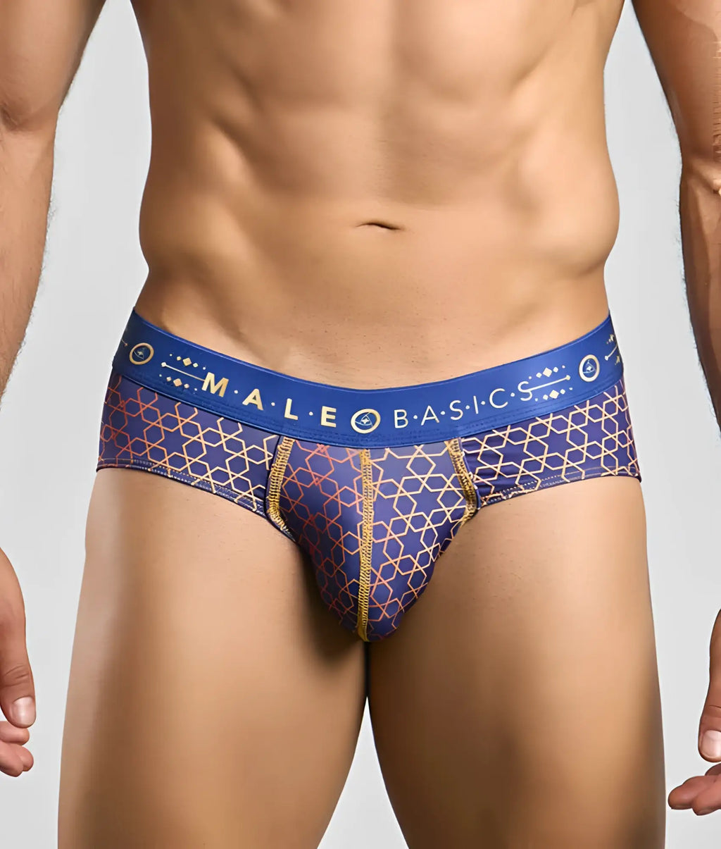 Malebasics hipster brief blue and gold patterned men’s briefs with branded waistband for comfortable everyday wear
