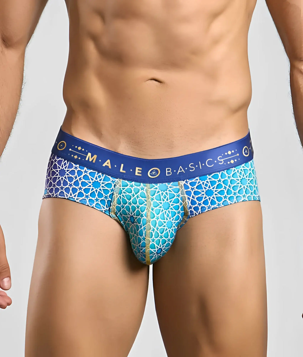 MaleBasics hipster brief in blue and turquoise geometric patterned fabric with male basic branded waistband