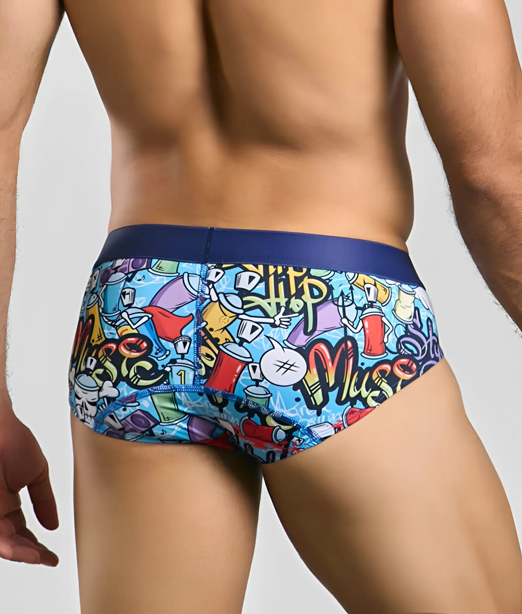 Malebasics hipster brief in blue and multicolored graffiti print with navy waistband men’s underwear