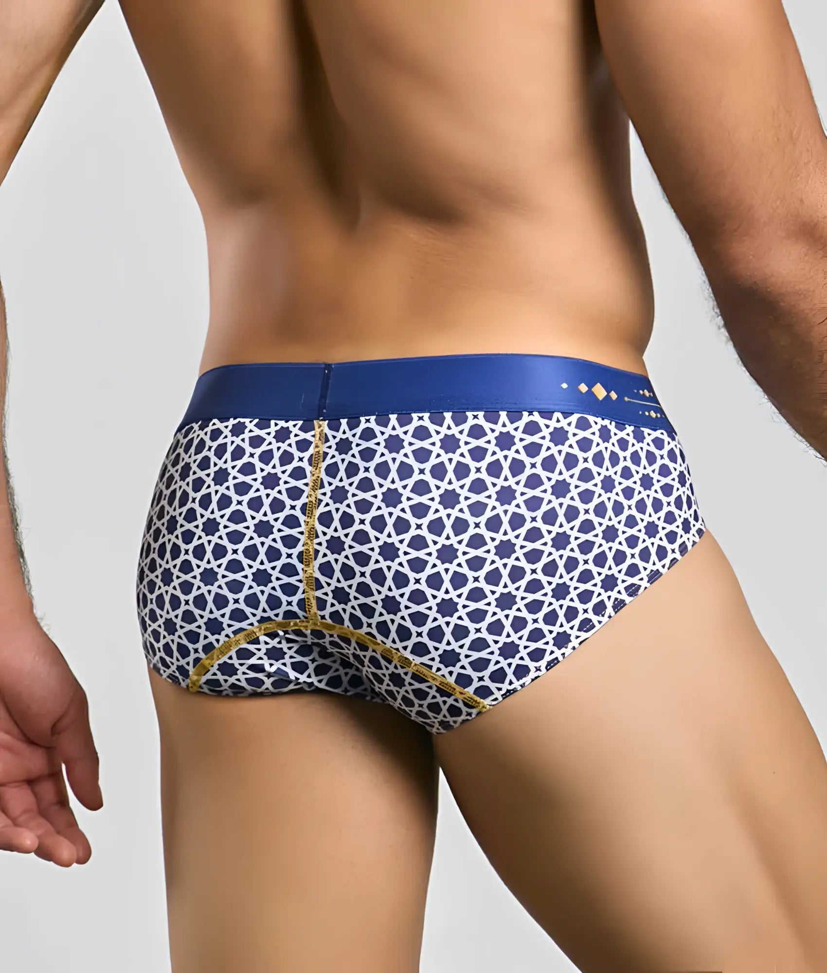 MaleBasics hipster brief with blue and white pattern and gold trim designed for comfortable everyday wear