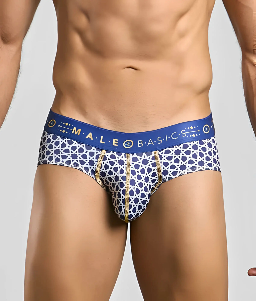 Malebasics hipster brief blue and white patterned men’s briefs with gold trim and male basics waistband