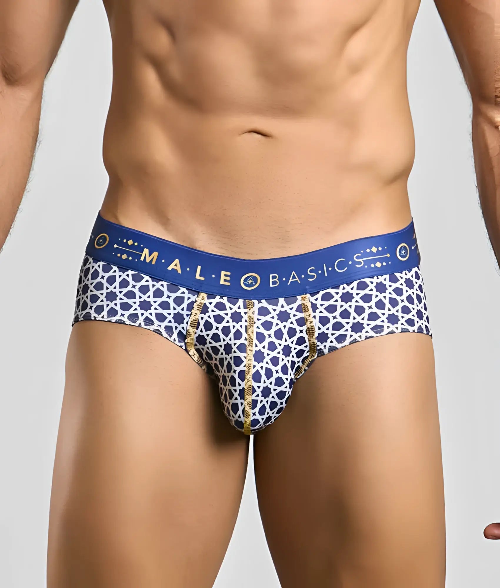 Malebasics hipster brief blue and white patterned men’s briefs with gold trim and male basics waistband