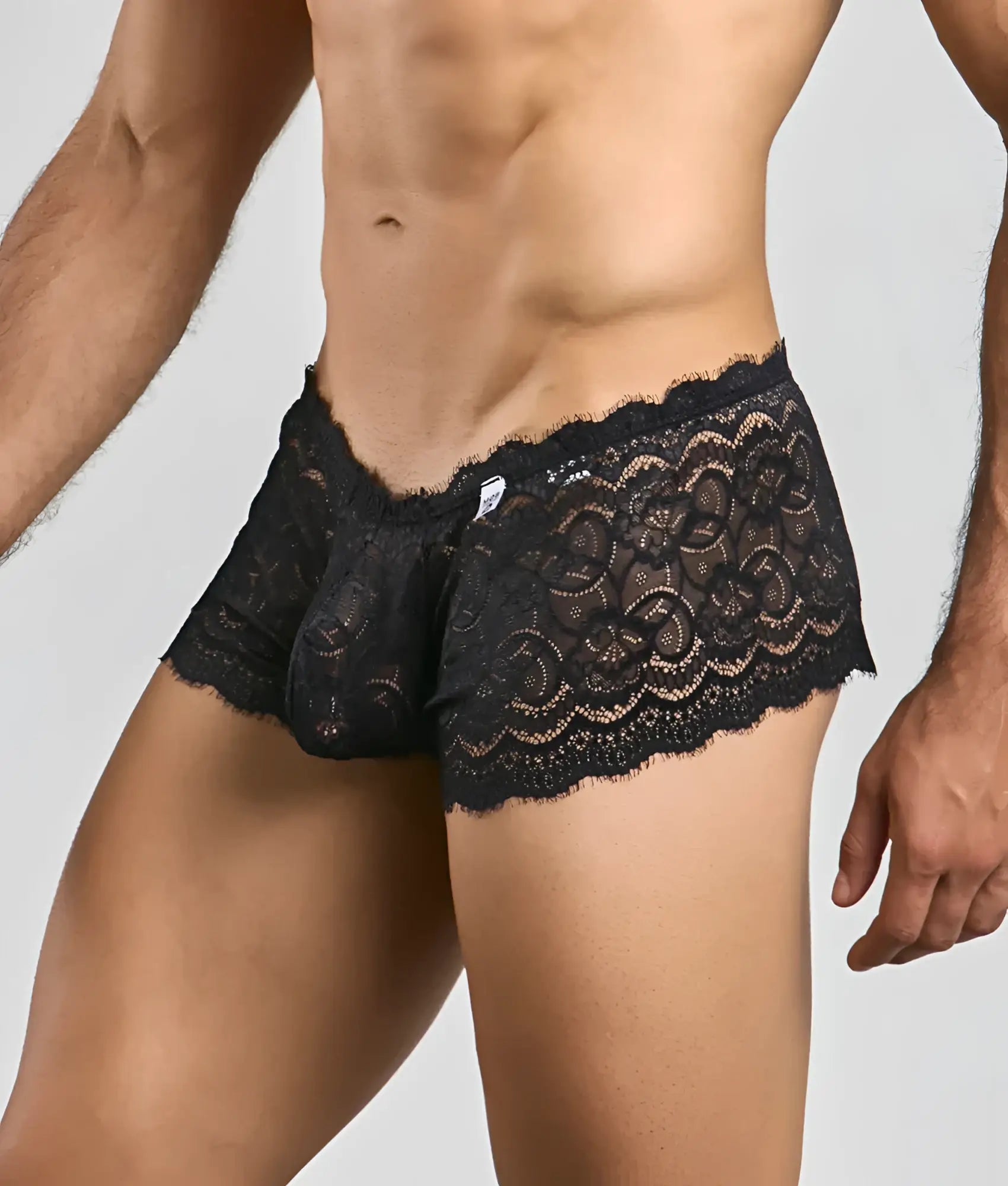 Black lace boxer short rose with intricate floral patterns and scalloped edge for men’s underwear