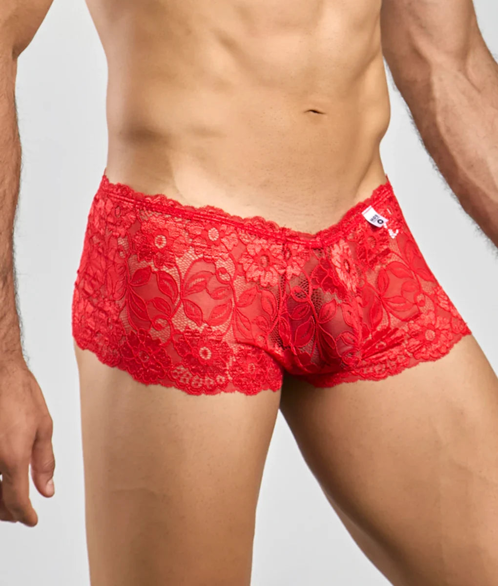 Red lace men’s boxer short with floral pattern and scalloped edges designed for comfortable underwear wear