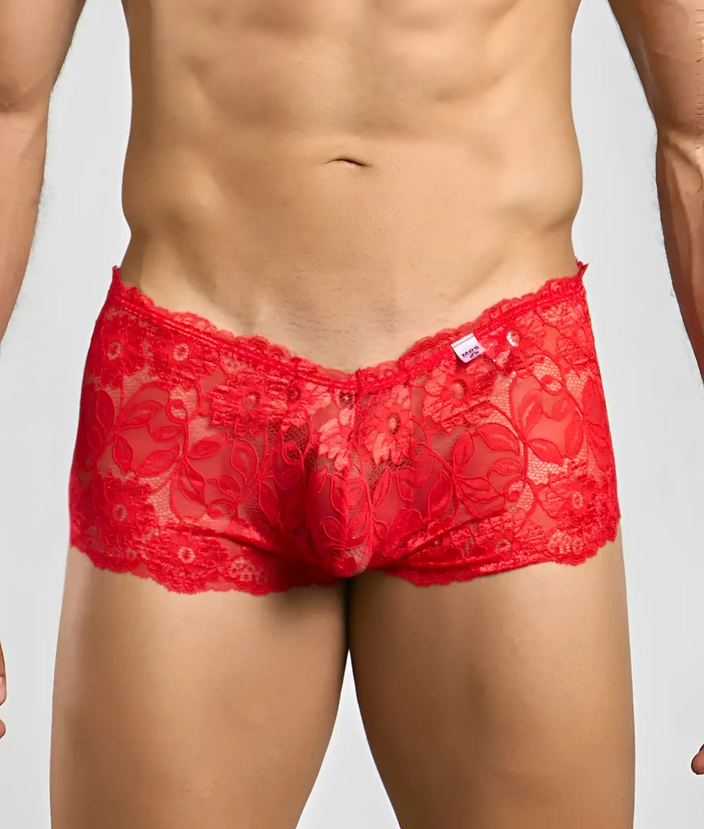 Red floral lace men’s boxer shorts featuring delicate rose lace design and comfortable fitting for stylish underwear