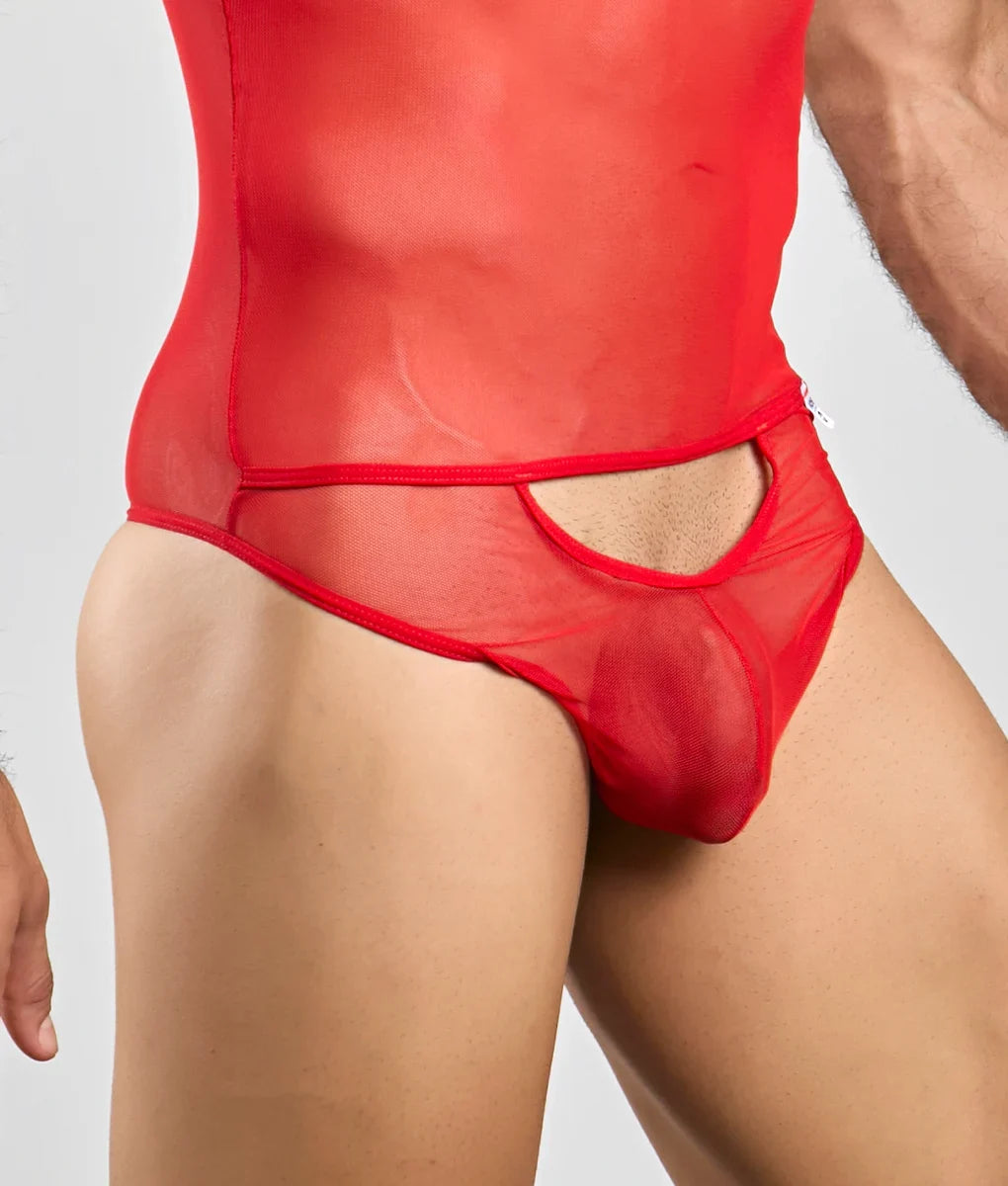 Mob men’s sexy all over sheer body red men’s underwear with cutout design made of sheer mesh fabric
